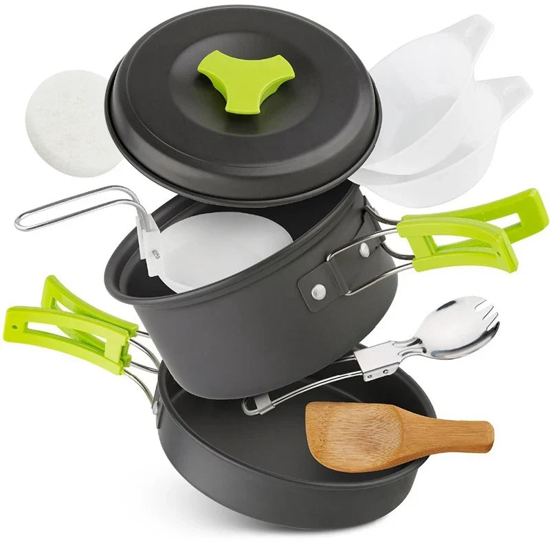 Exploded view showing all pots, pans, bowls, and utensils included in the cooking set