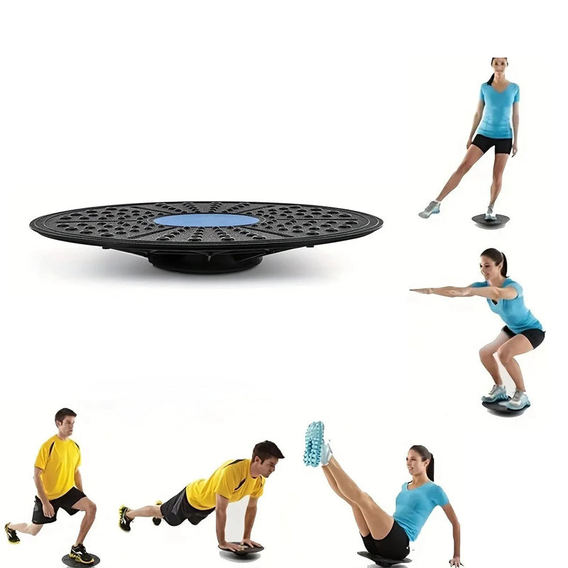 Black balance training board with a blue center showing multiple fitness exercise demonstrations.