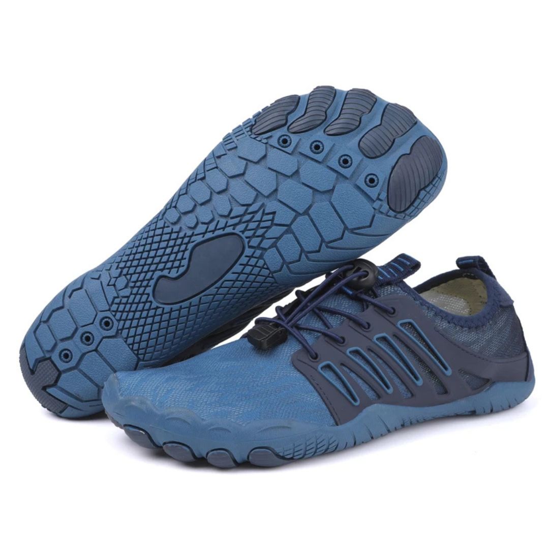 Blue orthopaedic barefoot shoe with flexible sole and wide toe box