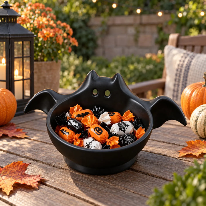 Black bat-shaped Halloween candy bowl filled with wrapped sweets on an outdoor wooden table
