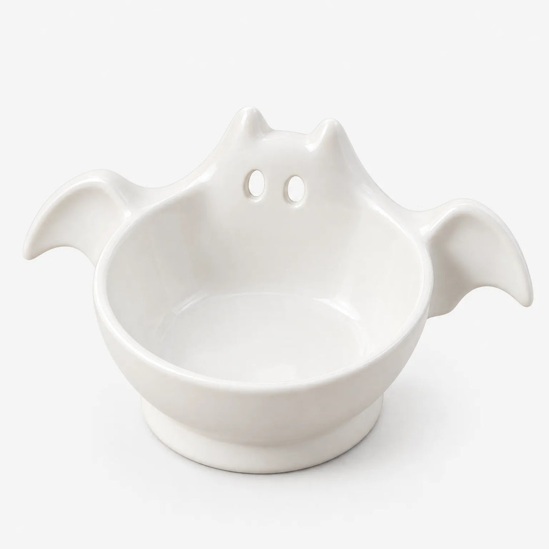 White bat-shaped Halloween candy bowl displayed against a clean white background