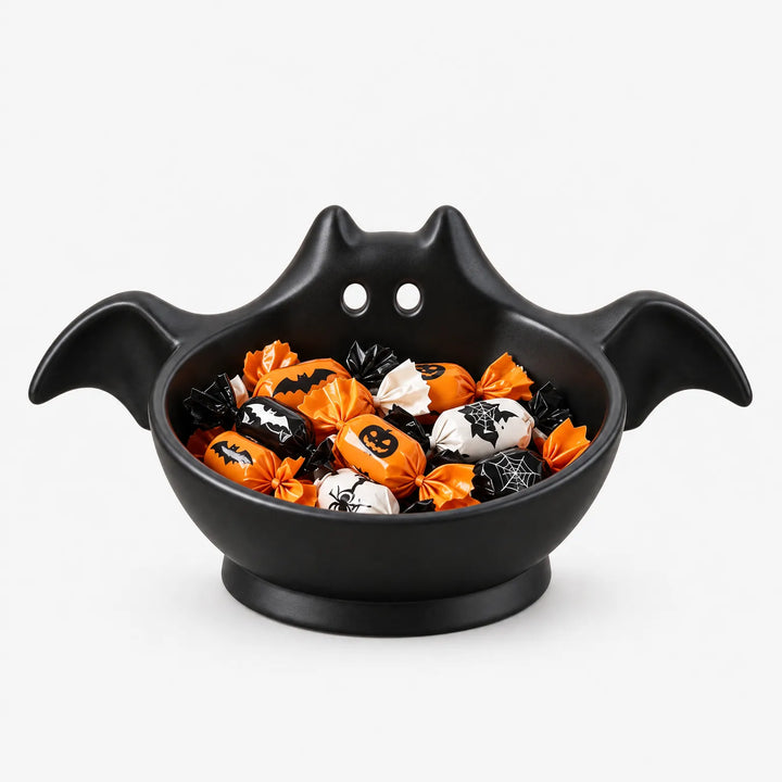 Bat-shaped Halloween candy bowl for spooky party tableware and home decor