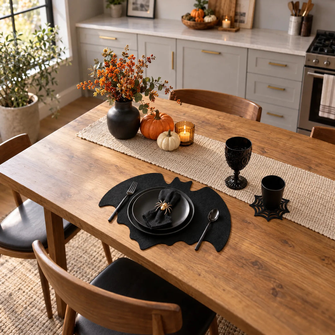 Complete Halloween table setting featuring bat placemats, plates, cutlery, and spiderweb coasters