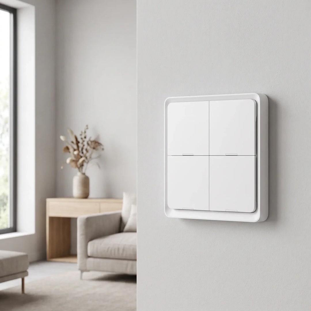 White smart wireless Zigbee wall switch mounted on a living room wall