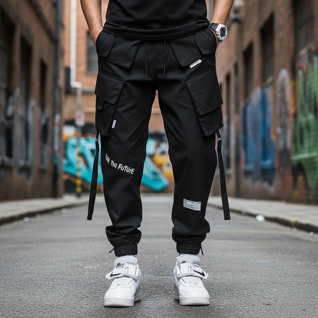 Man wearing black hip-hop cargo trousers with multiple pockets outdoors