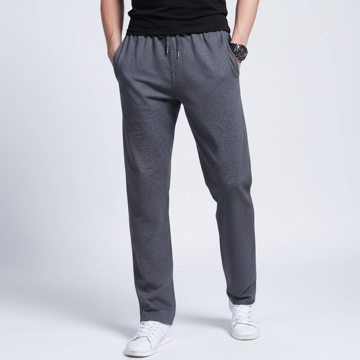 Mens comfortable trousers showing tapered leg and deep side pockets