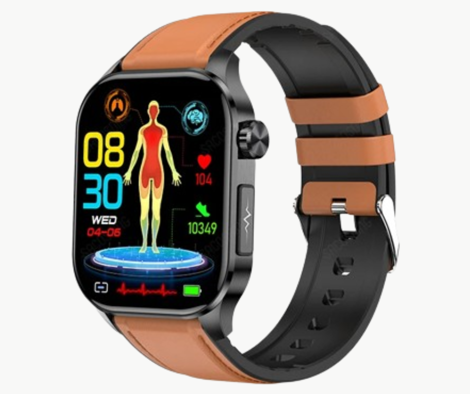 Smart glucose monitoring watch in leather brown strap variant