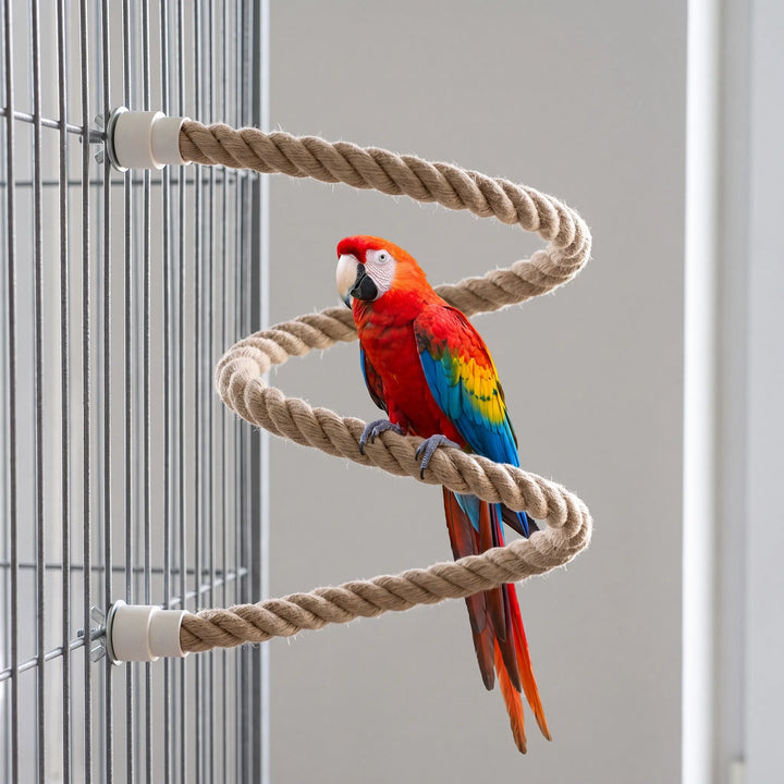 A colorful parrot perched on the bendable climbing rope inside a cage