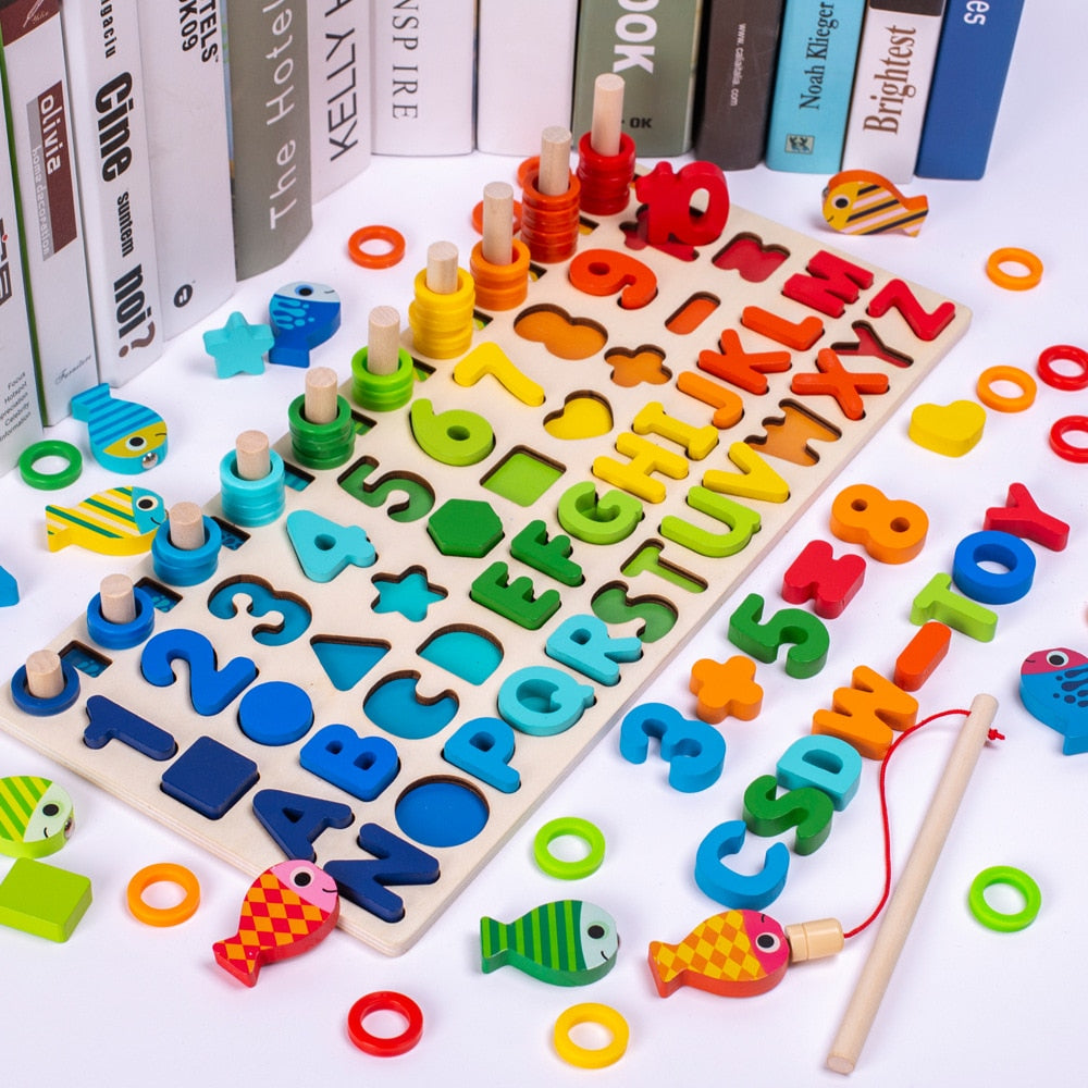 Complete set of wooden Montessori counting and fishing board with letters and numbers