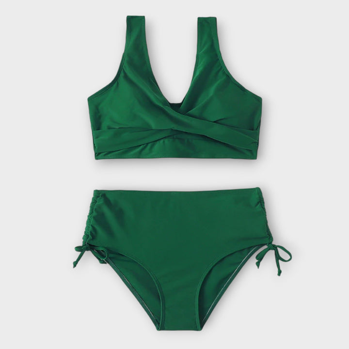 Detail view of the wrap bikini two-piece swimwear showing straps and fabric