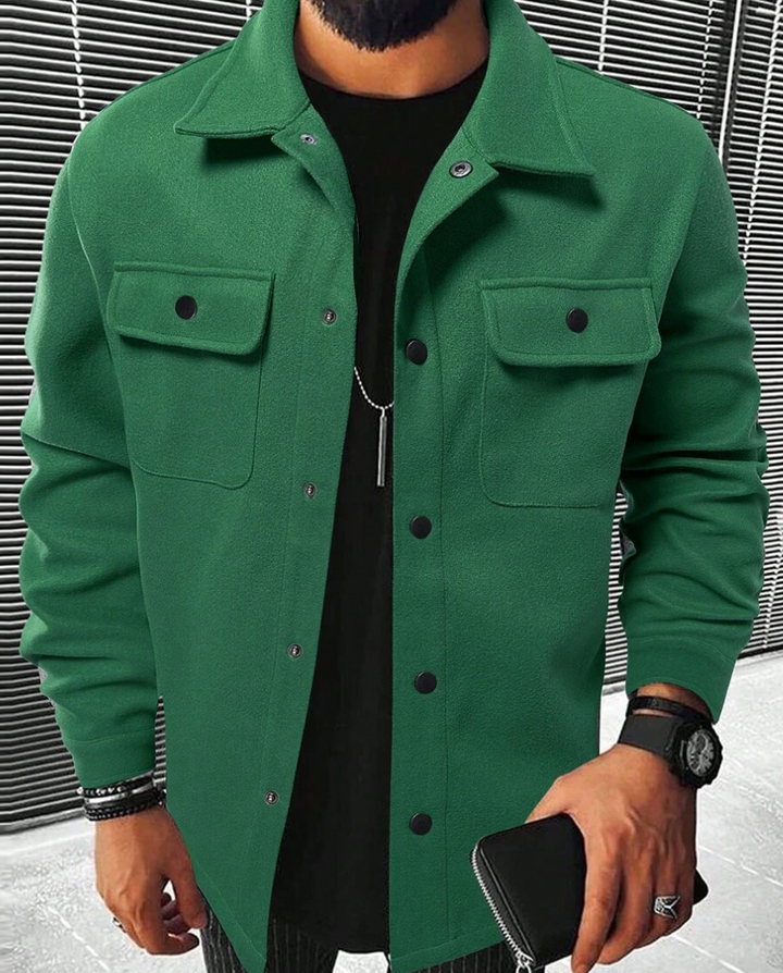 Detailed shot of collar and button placket on stylish mens winter jacket shirt