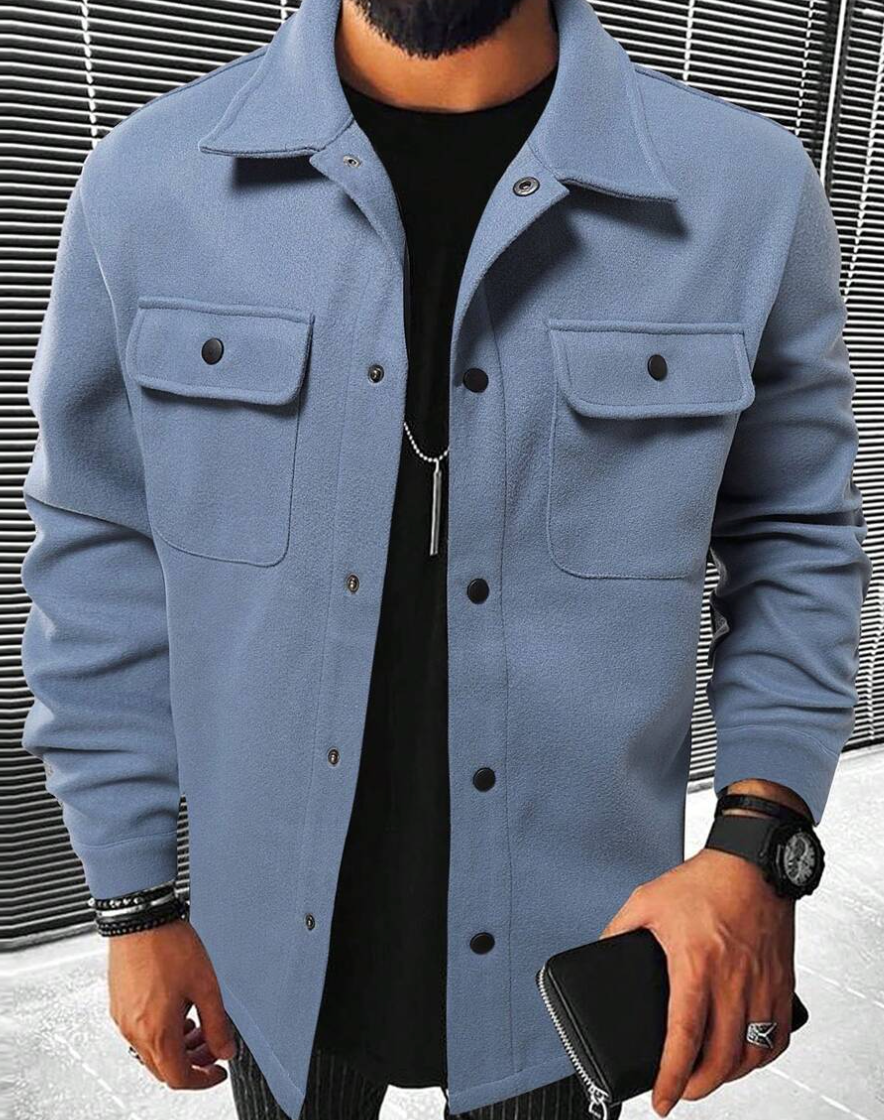 Functional chest pocket detail on warm casual button-up shirt for men