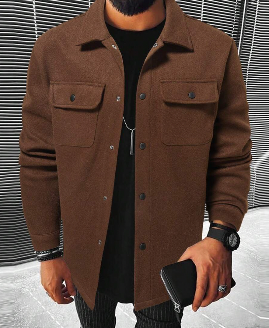 Man wearing brown warm button-up shirt with chest pockets