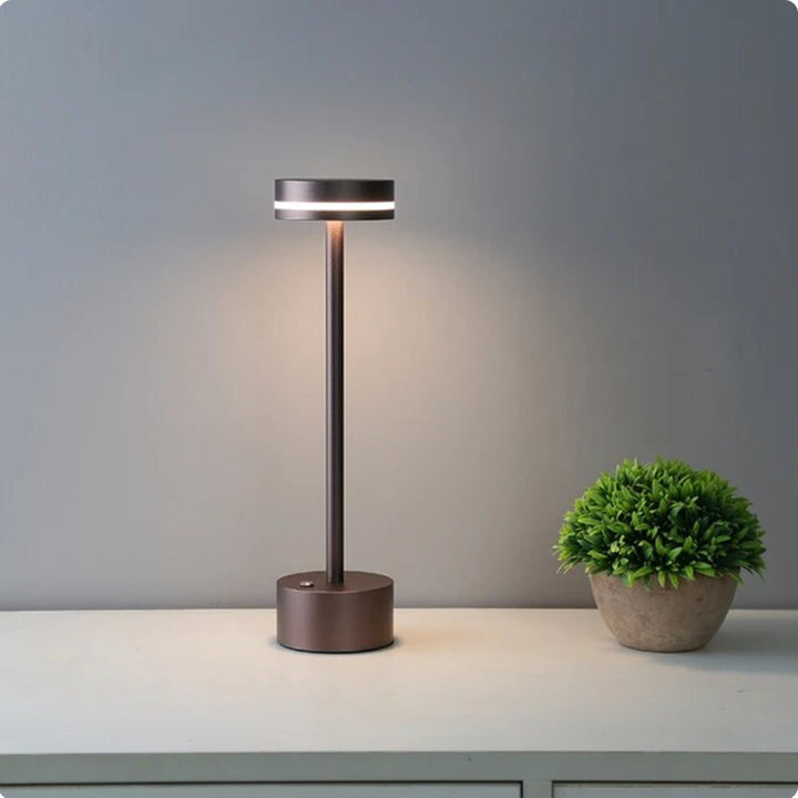 A bronze Solara cordless touch table lamp glowing softly next to a small potted plant on a shelf.
