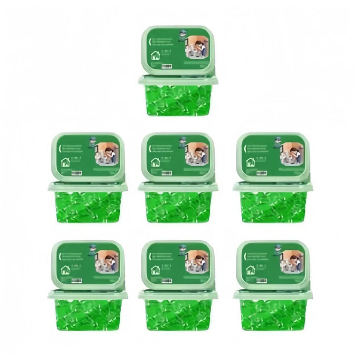 Collection of seven bio-enzyme drain cleaning pod containers arranged neatly