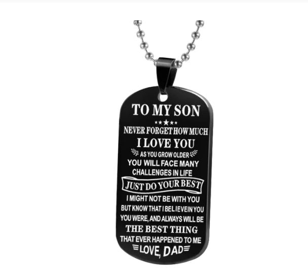 Black dog tag pendant necklace featuring a heartfelt message from dad