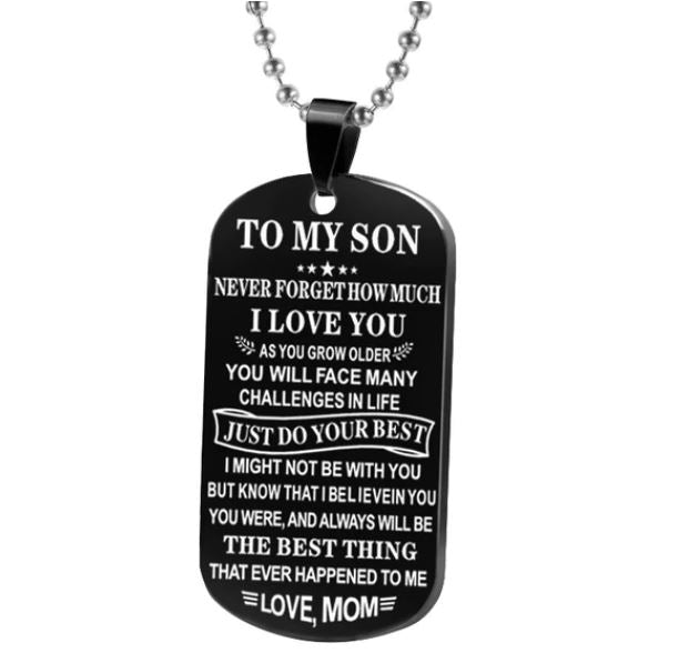 Black dog tag pendant necklace featuring a heartfelt message from mom
