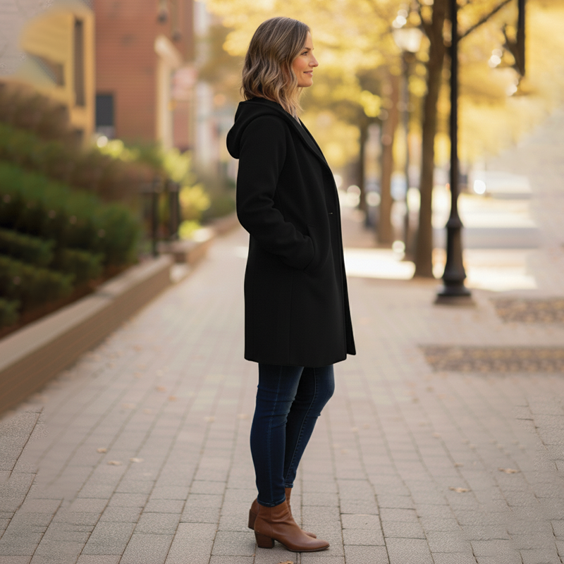 Side view of the warm oversized outerwear demonstrating the relaxed fit for women.