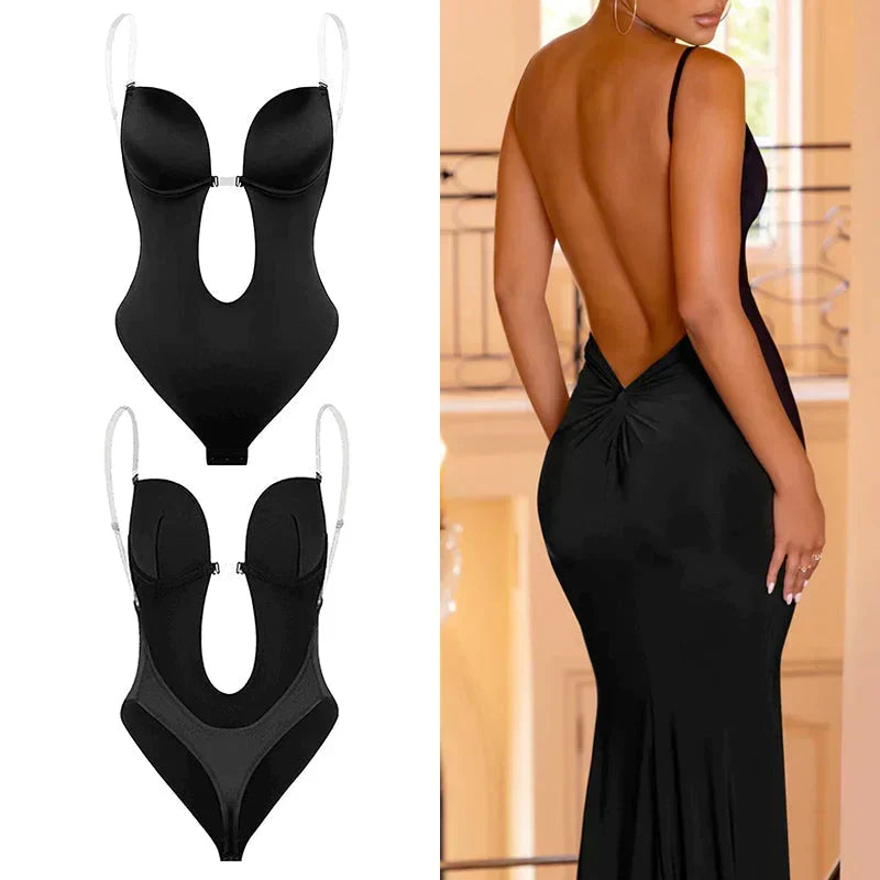 Black backless shaping bodysuit product layout with transparent straps