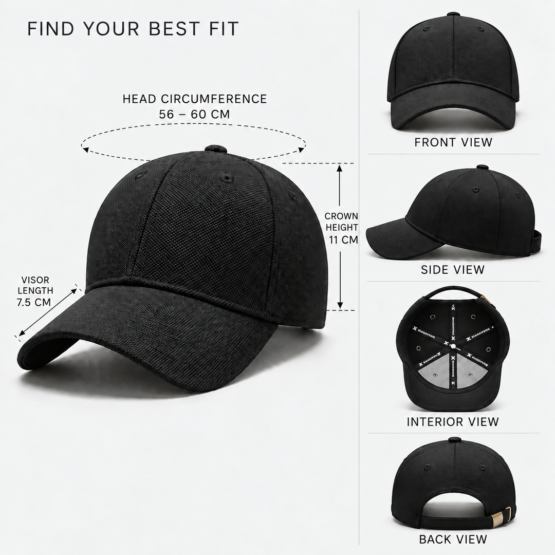 Black adjustable baseball cap showing fit measurements and multiple angles