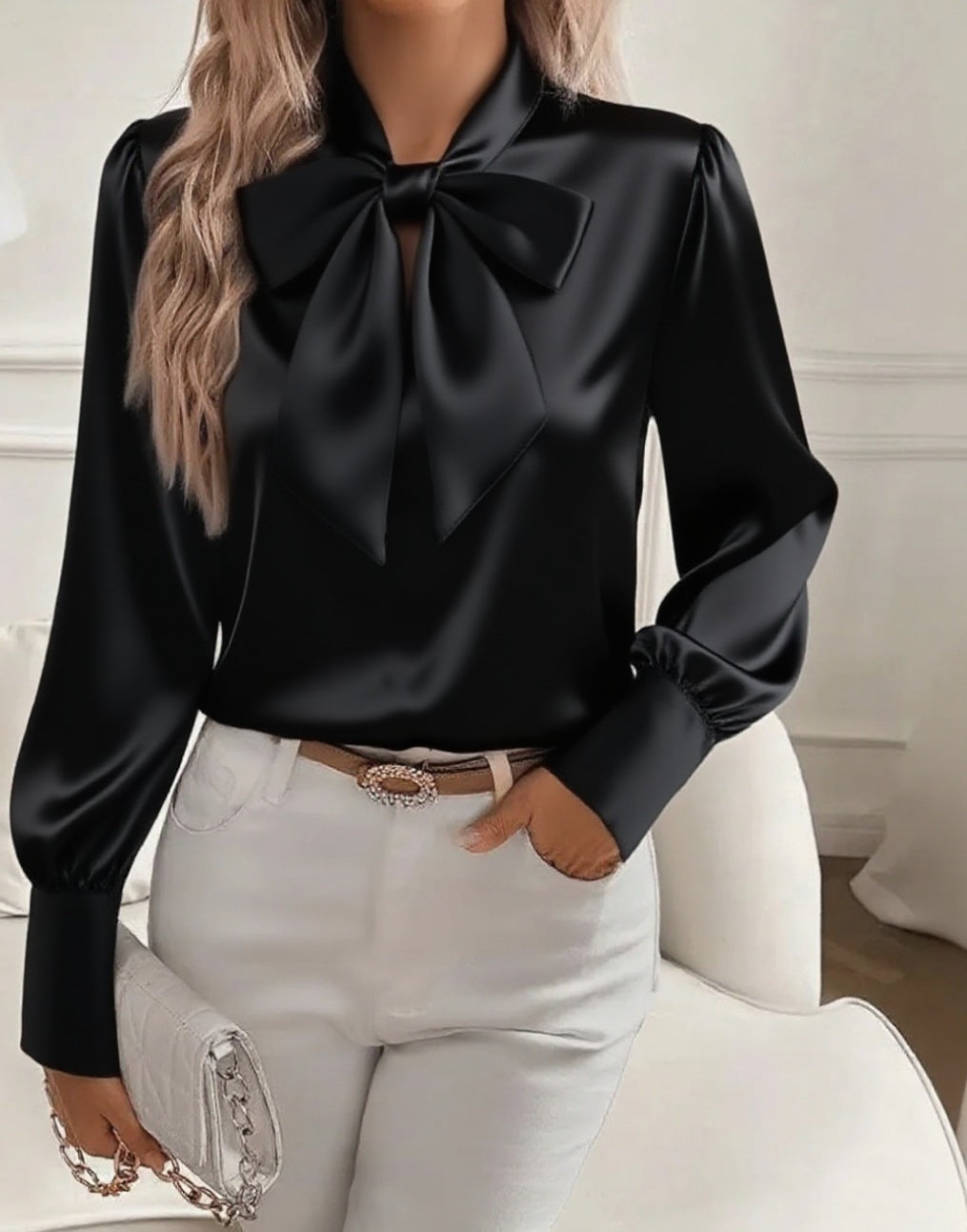 Fashionable long sleeve shirt with an adjustable bow tie collar detail