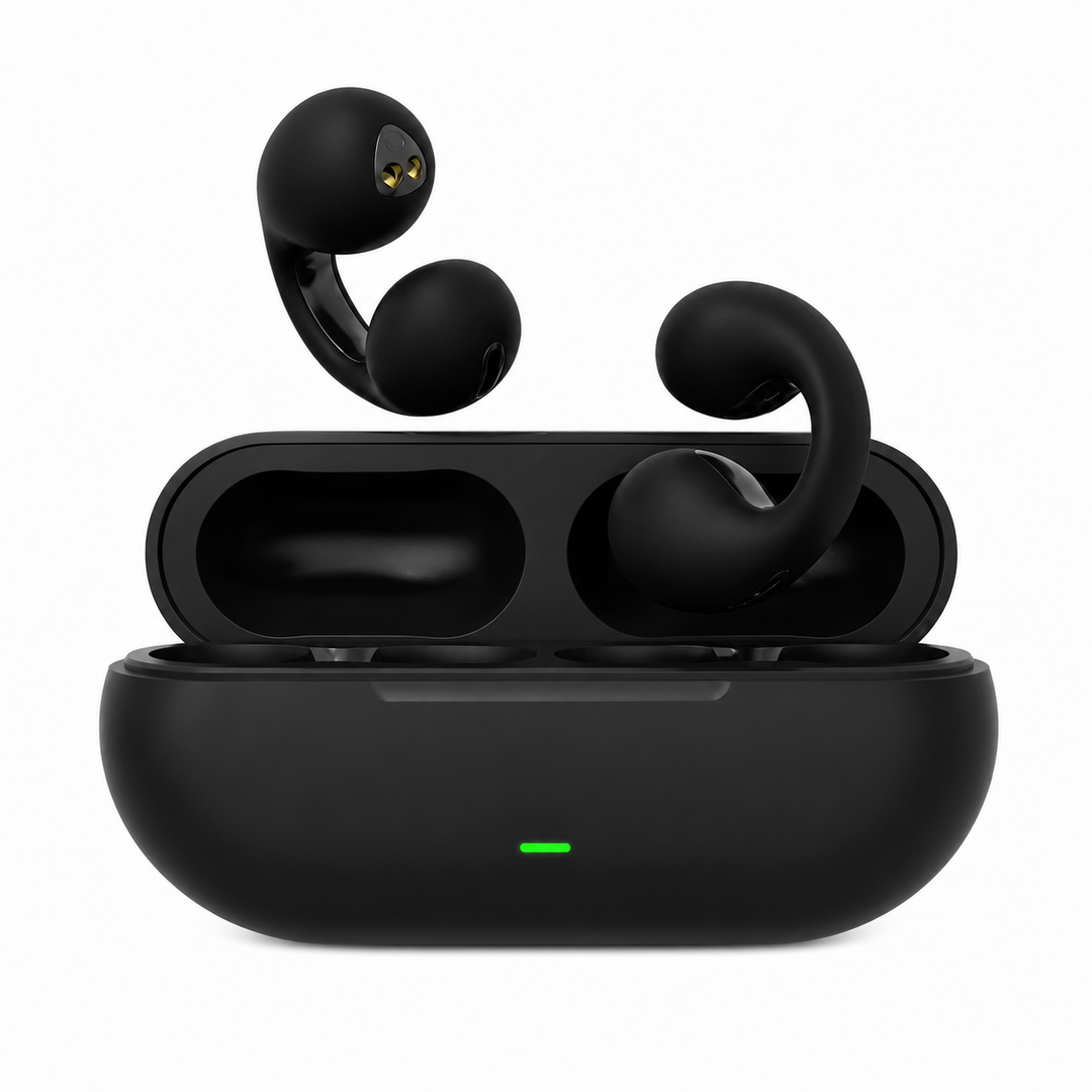 Black wireless bone conduction earbuds displayed with charging case