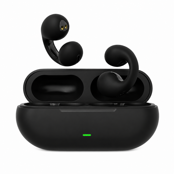 Black wireless bone conduction earbuds displayed with charging case