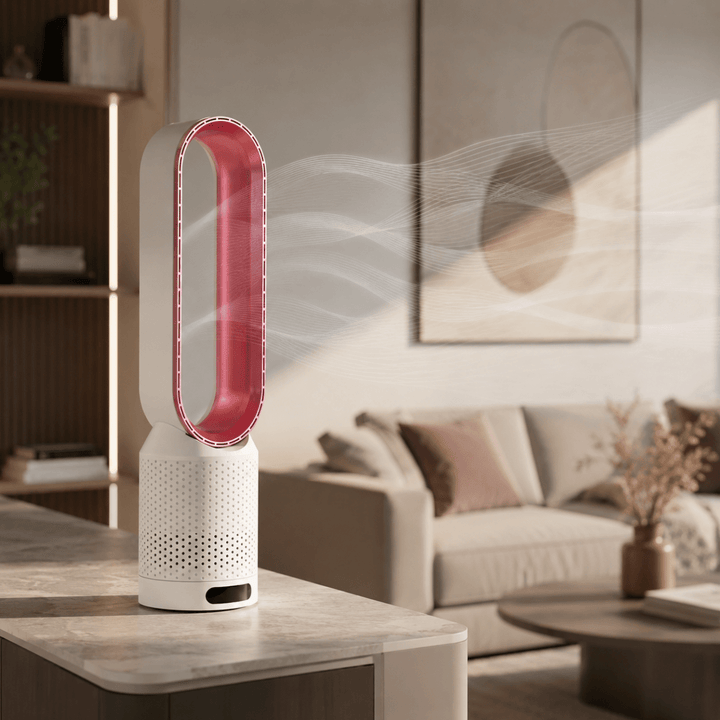 Pink accented bladeless tower fan showing simulated airflow lines in a living room.
