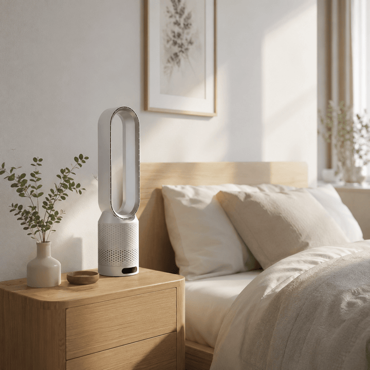 Modern bladeless tower fan showing sleek oscillation design for home cooling