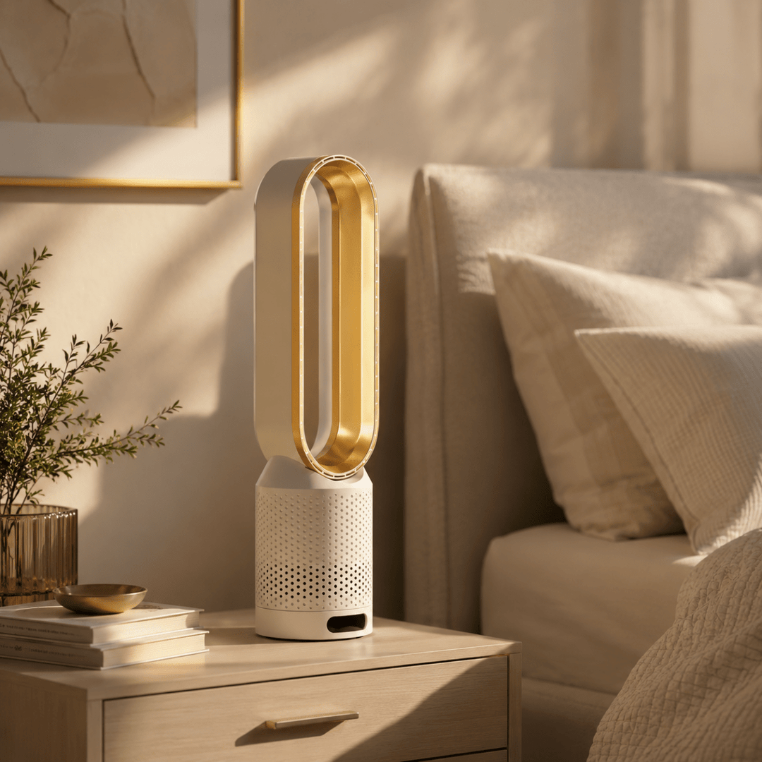 Portable household appliance climate control fan viewed from a side angle