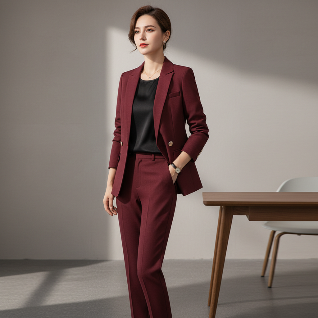 Model wearing crimson blazer and trousers set in office setting
