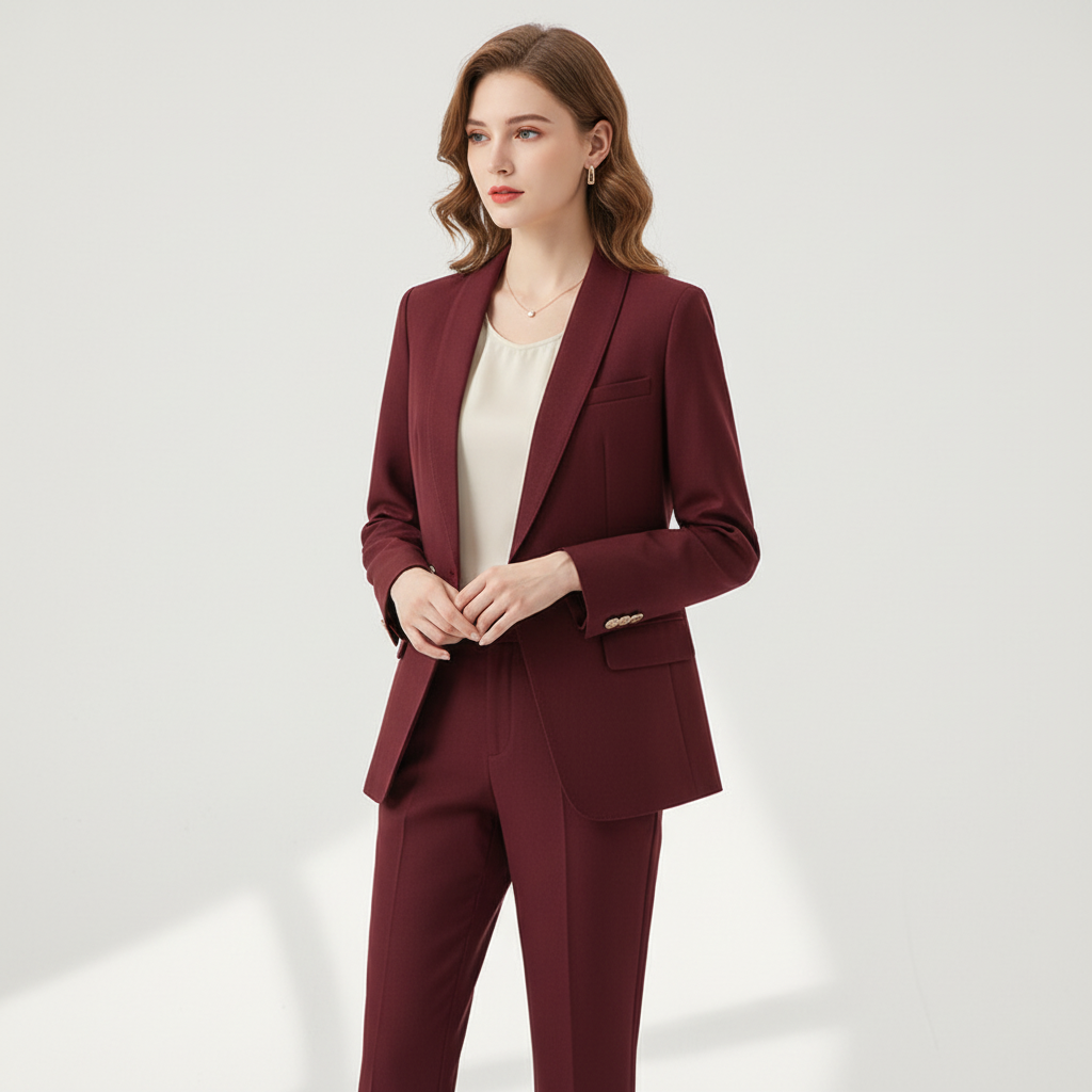 Close up of woman wearing crimson two piece suit