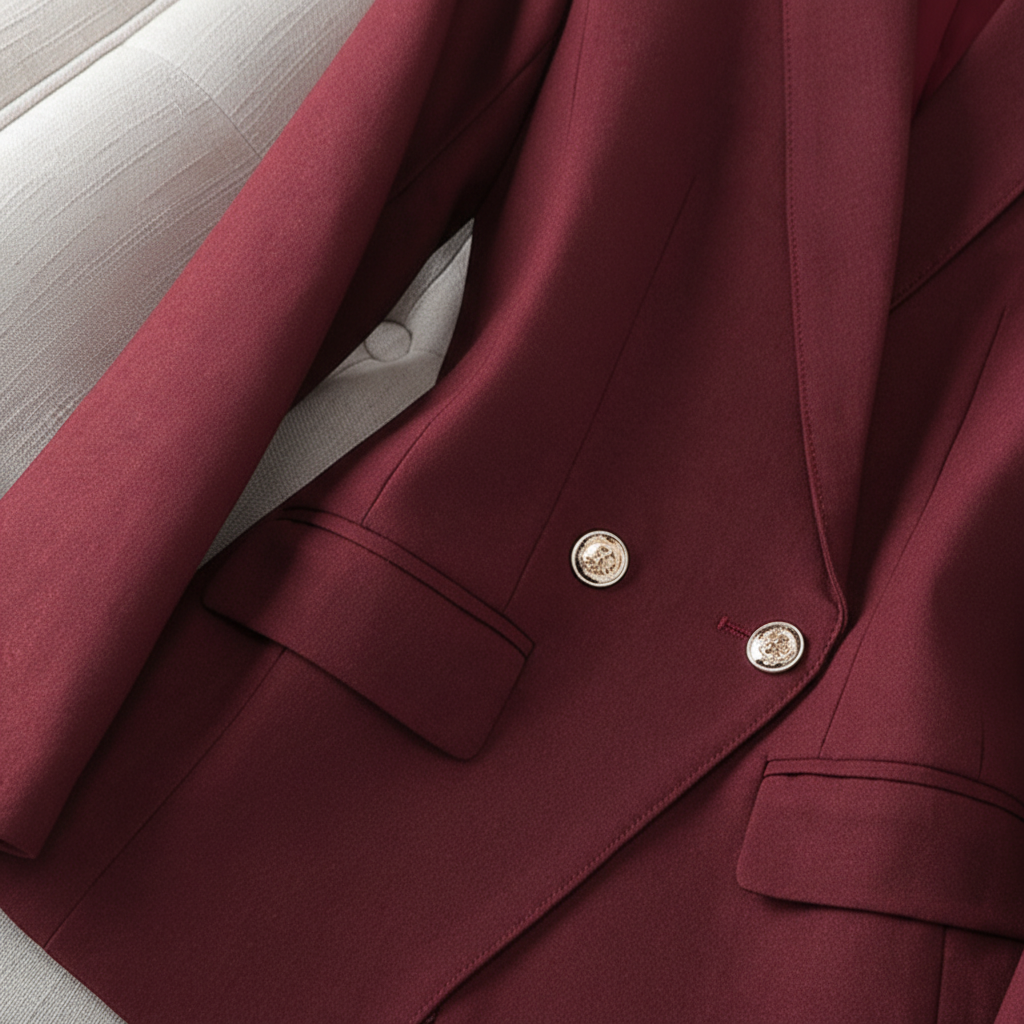 Detailed view of single breasted blazer buttons and lapel
