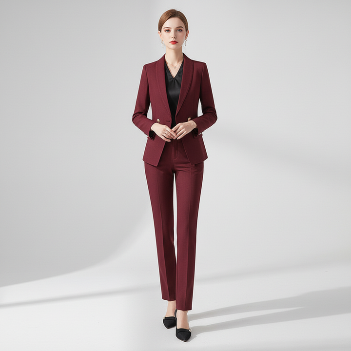 Back view of tailored blazer and trousers office suit set for women