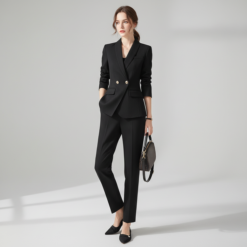 Close up fabric detail of elegant womens business casual trouser suit