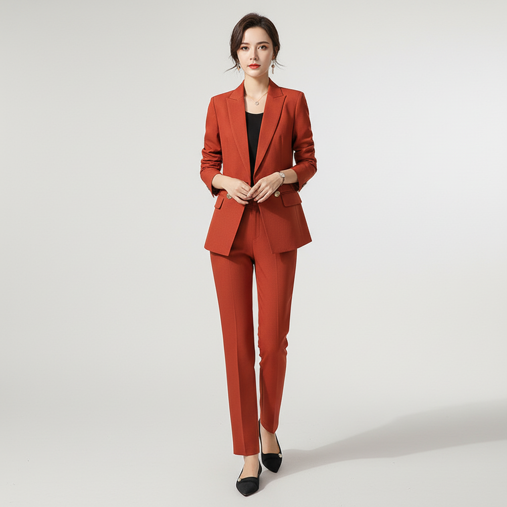 Professional two piece suit set featuring tailored blazer and trousers