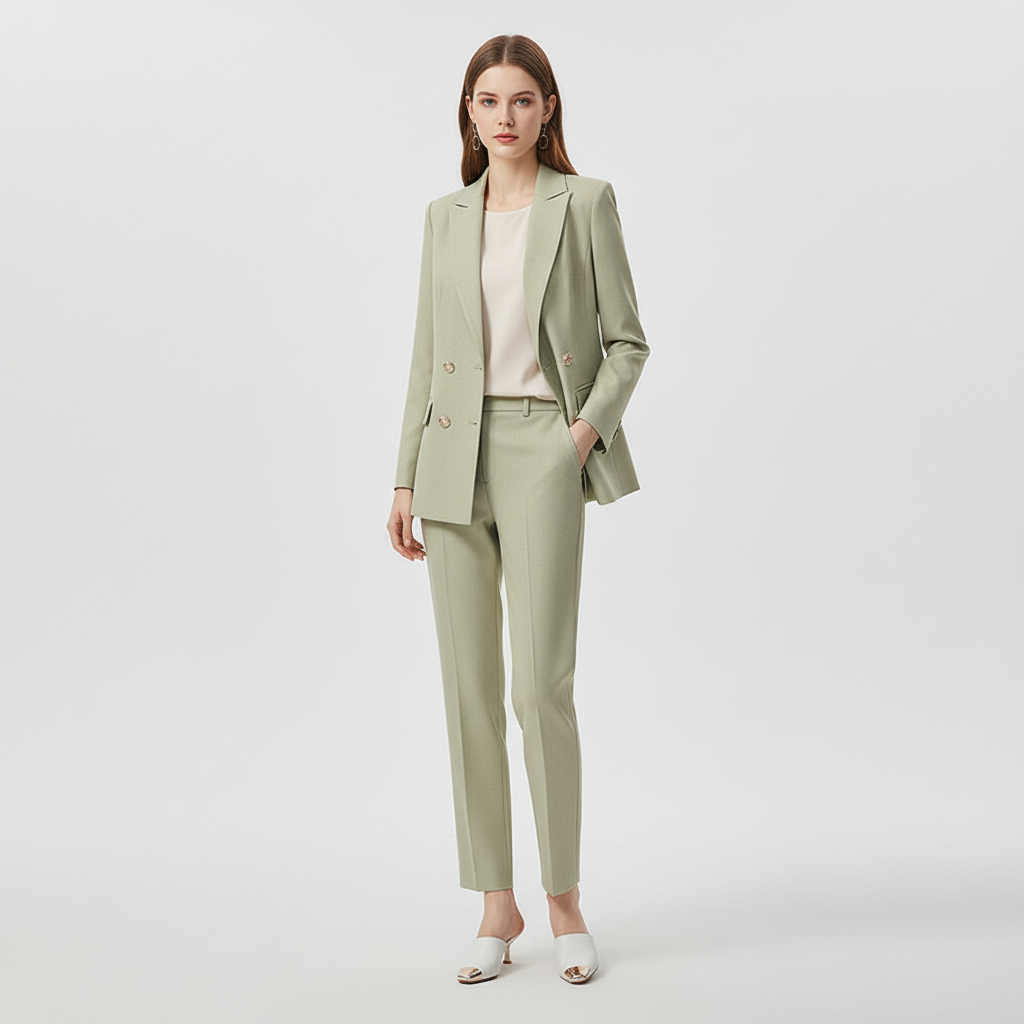 Side profile of stylish womens blazer and trousers matching outfit