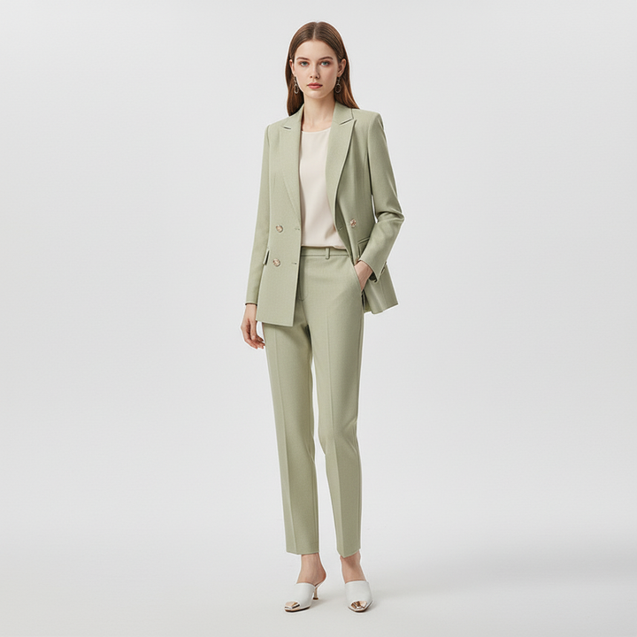 Side profile of stylish womens blazer and trousers matching outfit