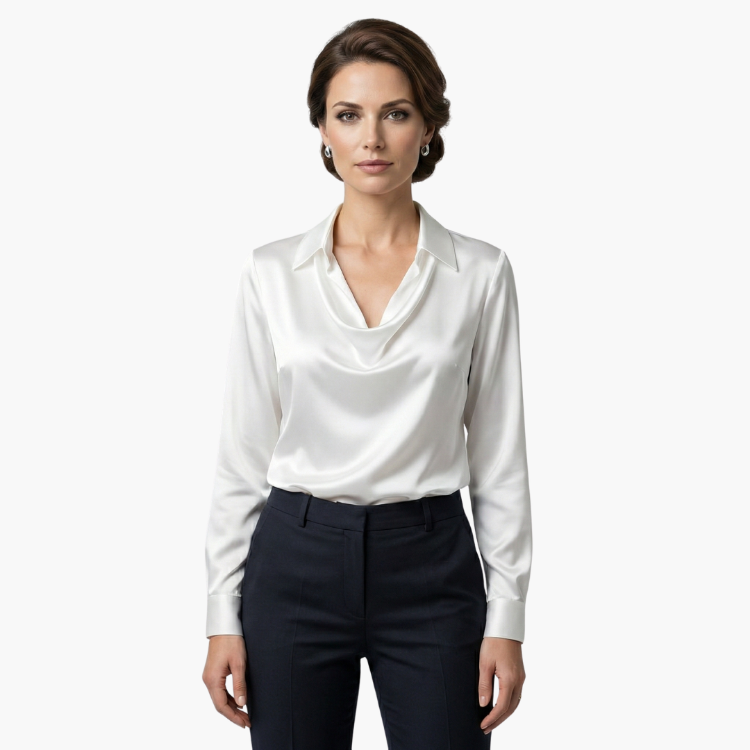Front view of a professional model showcasing the white cowl neck blouse
