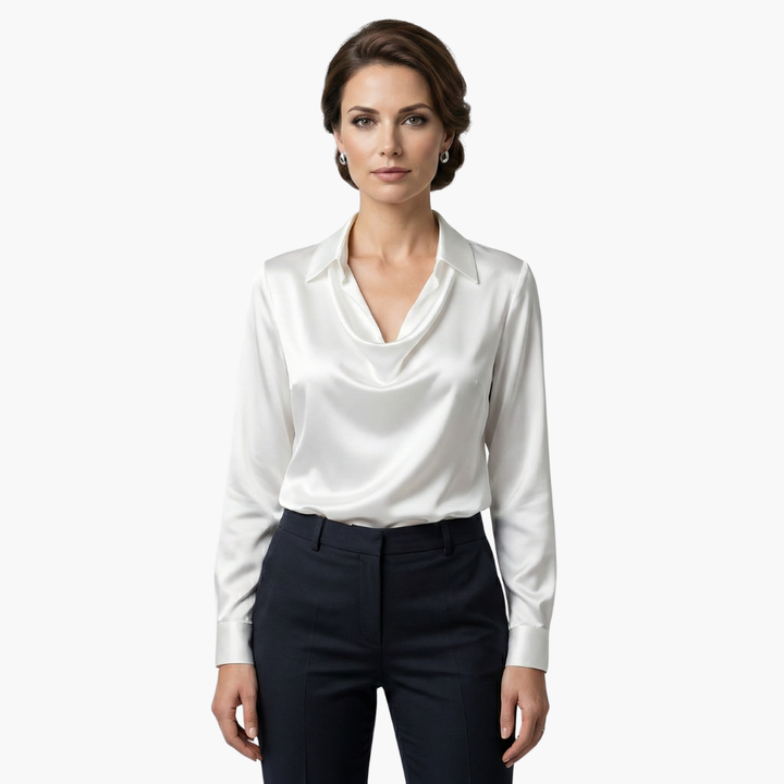 Front view of a professional model showcasing the white cowl neck blouse