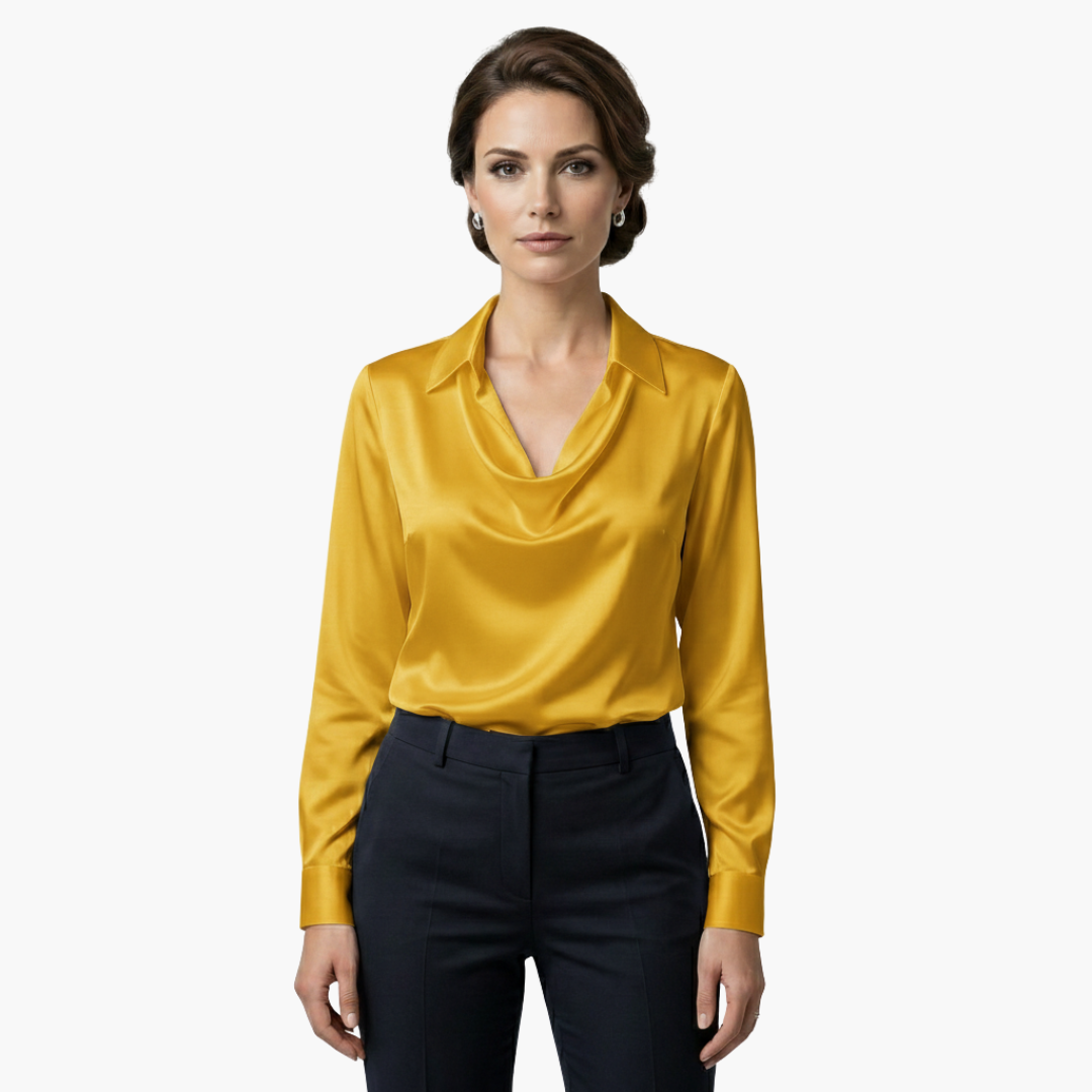 Final view of women's draped cowl neck long sleeve blouse