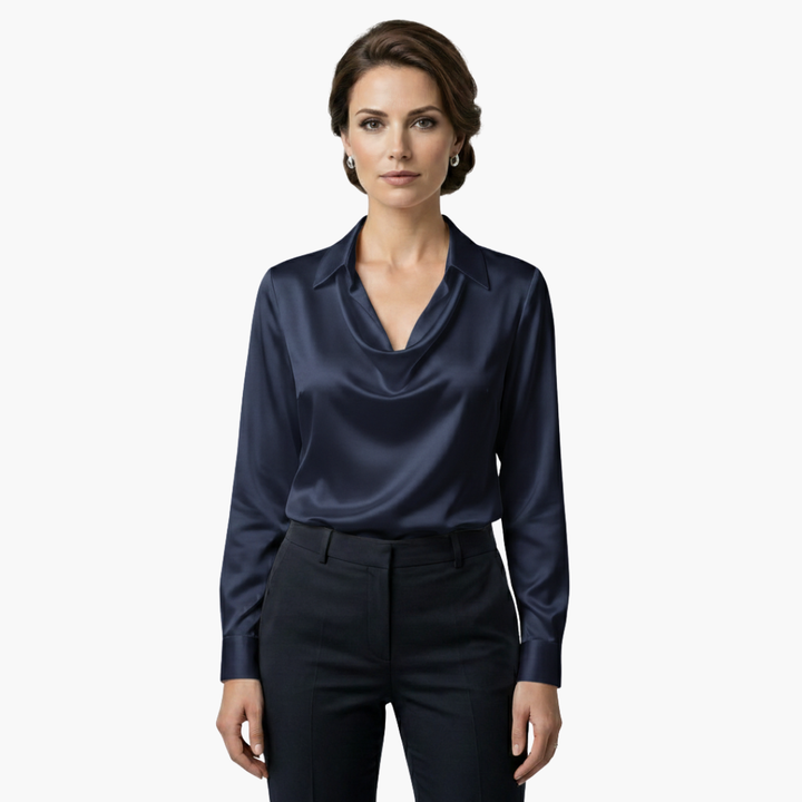 Evening wear women's blouse featuring graceful draped cowl neckline