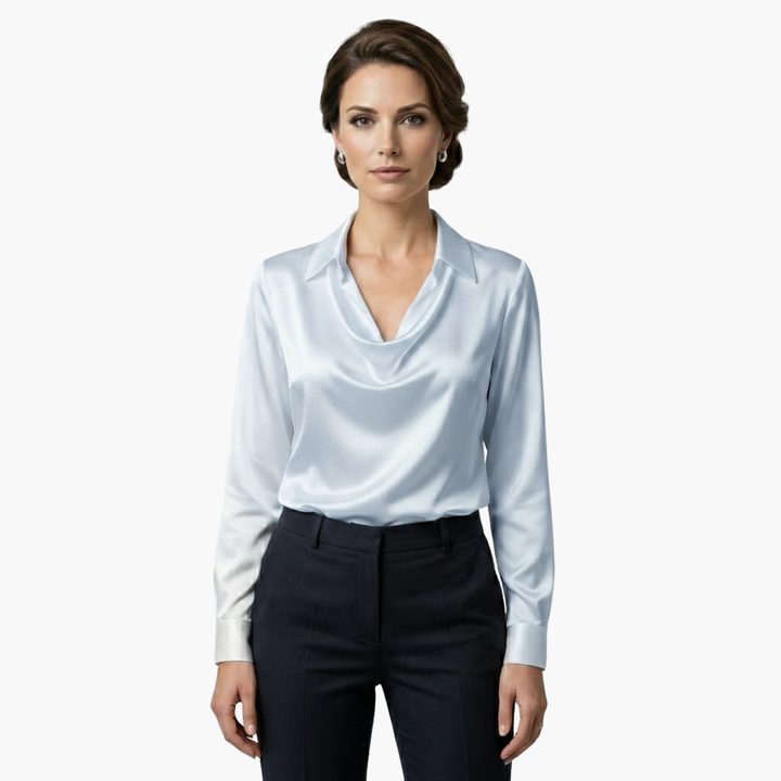 Draped cowl neck long sleeve blouse showcasing chic women's style