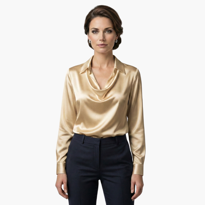 Classic long sleeve women's blouse with soft draped neckline
