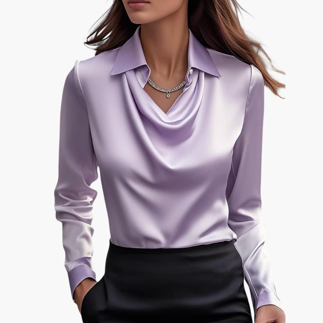 Attractive women's top featuring long sleeves and draped cowl collar