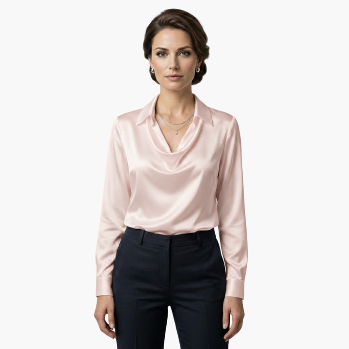 Sophisticated women's apparel featuring draped cowl neck and long sleeves