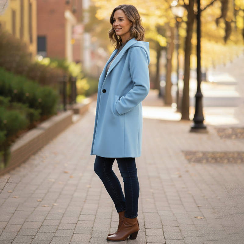 Side profile of a woman wearing a light blue hooded coat with boots outdoors