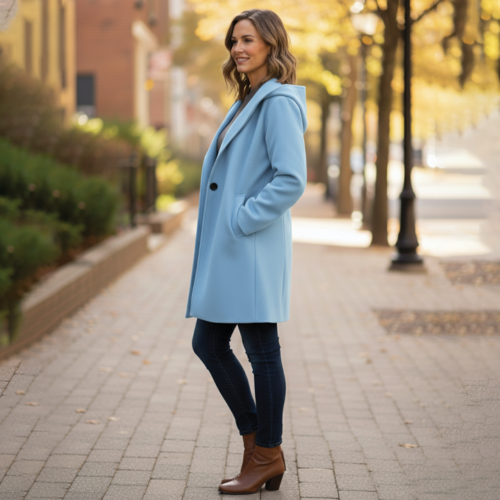 Side profile of a woman wearing a light blue hooded coat with boots outdoors