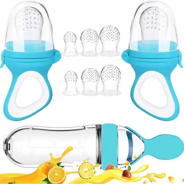 Green silicone baby fruit feeder and teething relief pacifier set