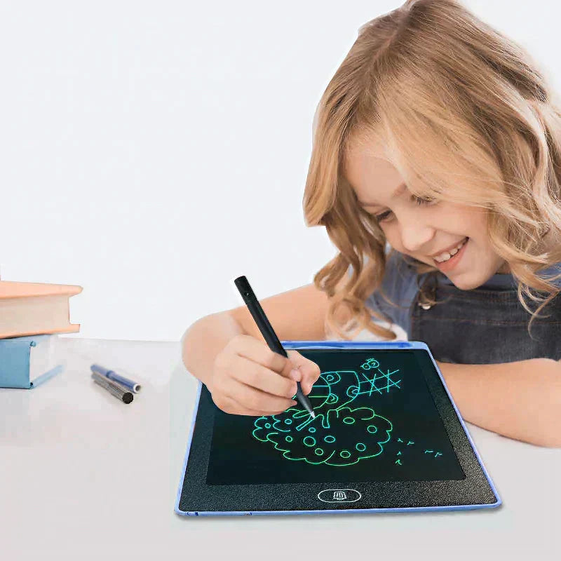 Black LCD doodle board for kids showing colorful creative drawing